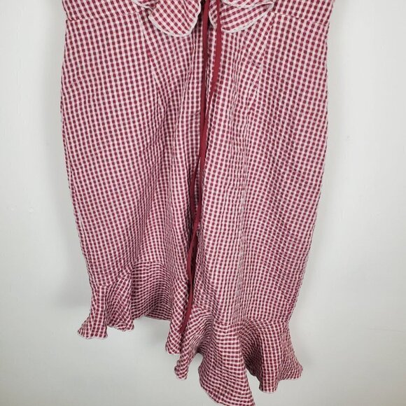 Wayf XS Gingham Check Seersucker Mini Dress red & white V-neck Lace up Ruffles - Picture 7 of 7